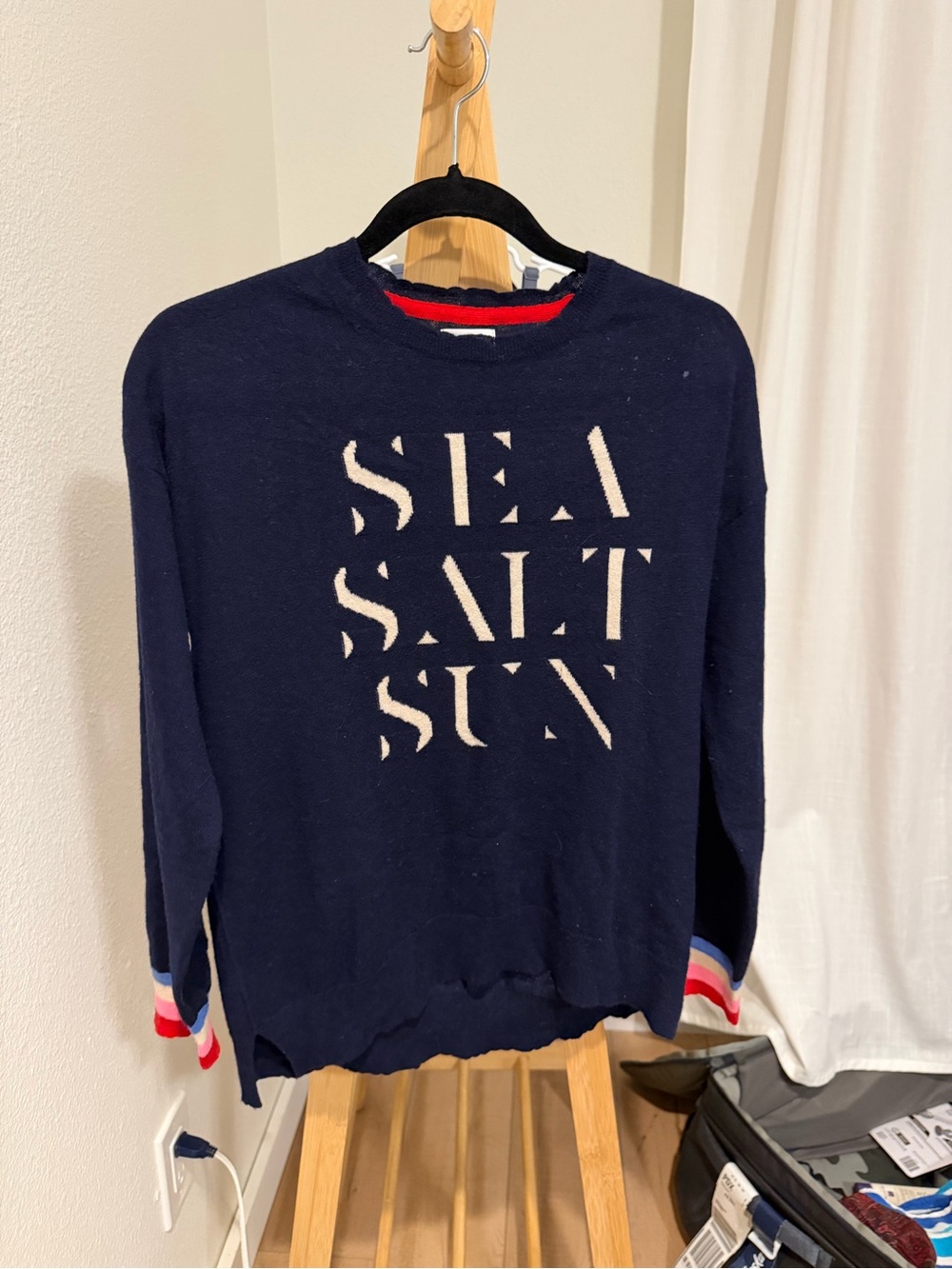 Sundry Navy Crewneck Sweater with White 'SEA SALT SUN' Graphic - Picture 2 of 7